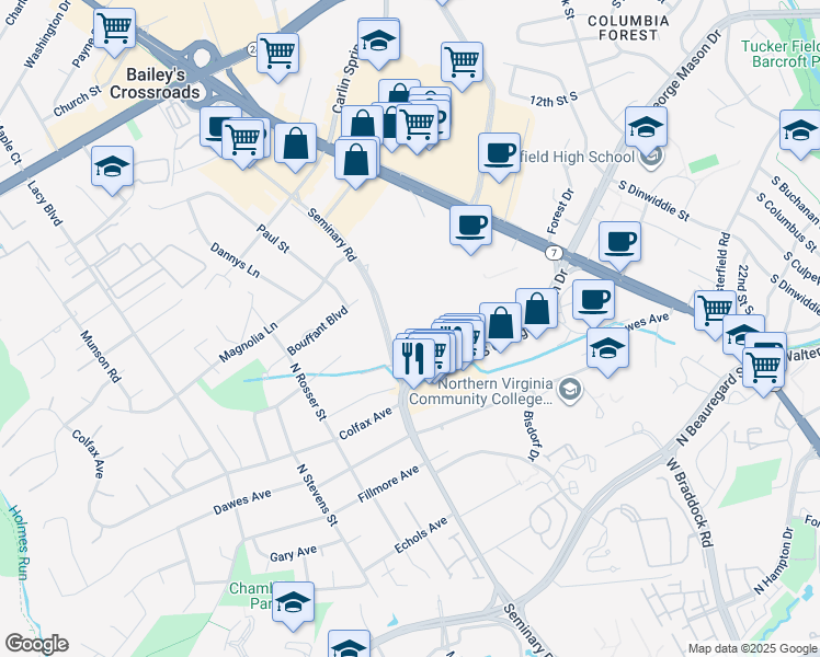 map of restaurants, bars, coffee shops, grocery stores, and more near 5505 Seminary Road in Falls Church