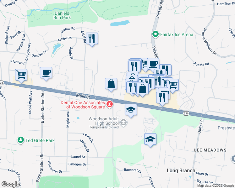 map of restaurants, bars, coffee shops, grocery stores, and more near 3987 Bradwater Street in Fairfax