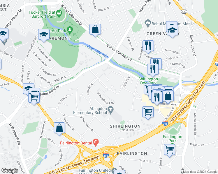 map of restaurants, bars, coffee shops, grocery stores, and more near 2841 South Wakefield Street in Arlington
