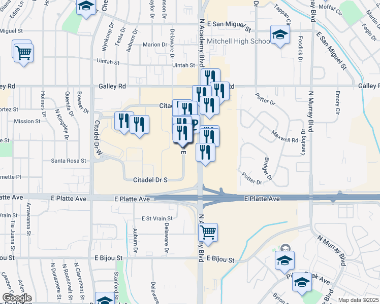 map of restaurants, bars, coffee shops, grocery stores, and more near 687 Citadel Drive East in Colorado Springs