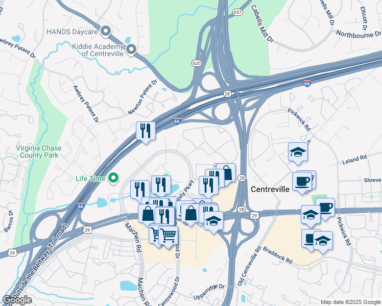 map of restaurants, bars, coffee shops, grocery stores, and more near 5751 Wood Meadow Way in Centreville