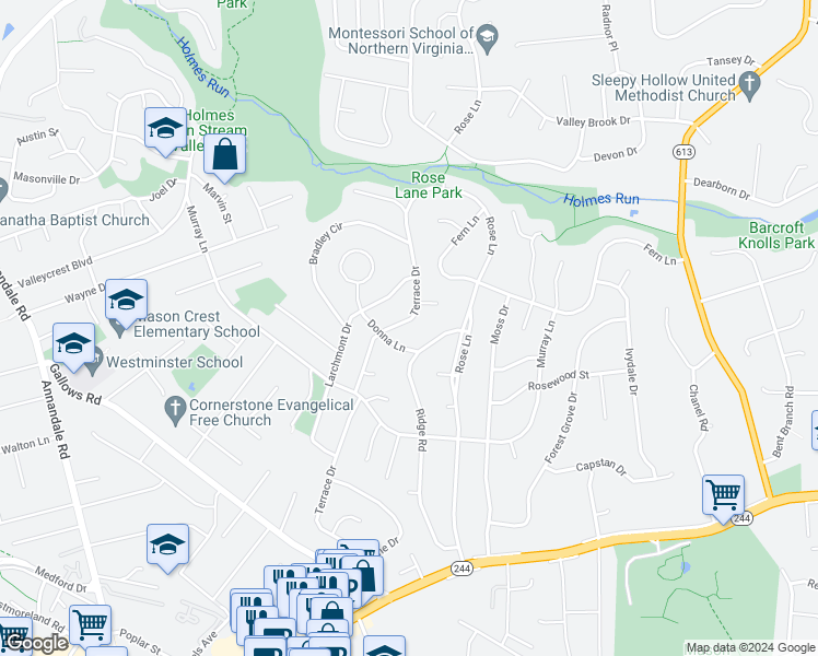 map of restaurants, bars, coffee shops, grocery stores, and more near 3707 Terrace Drive in Annandale