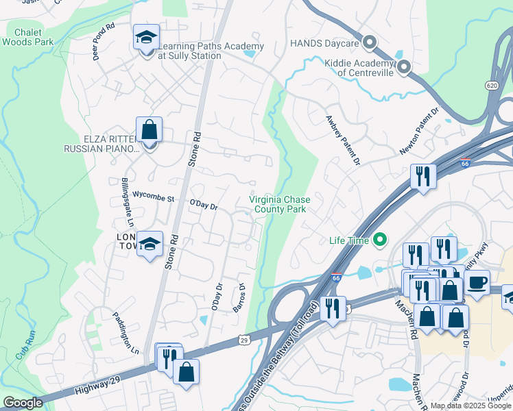 map of restaurants, bars, coffee shops, grocery stores, and more near 5940 Baron Kent Lane in Centreville
