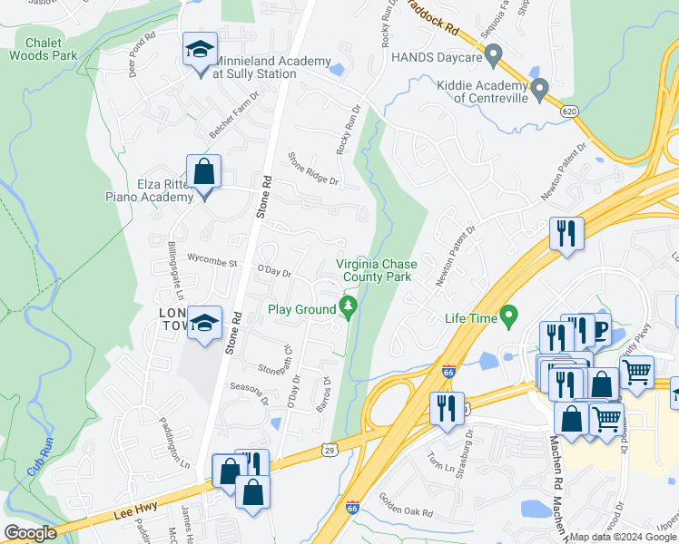 map of restaurants, bars, coffee shops, grocery stores, and more near 14544 Woodgate Manor Place in Centreville