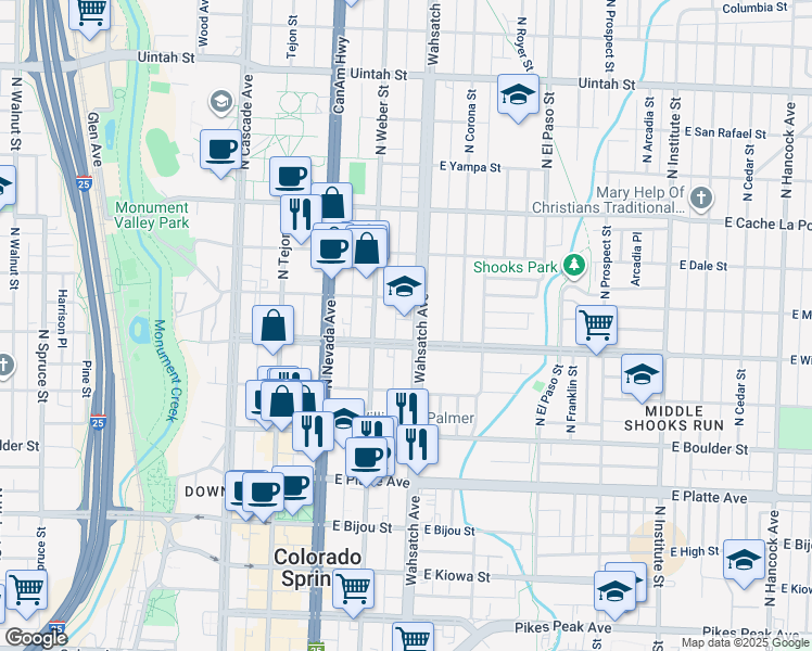map of restaurants, bars, coffee shops, grocery stores, and more near 332 East Willamette Avenue in Colorado Springs