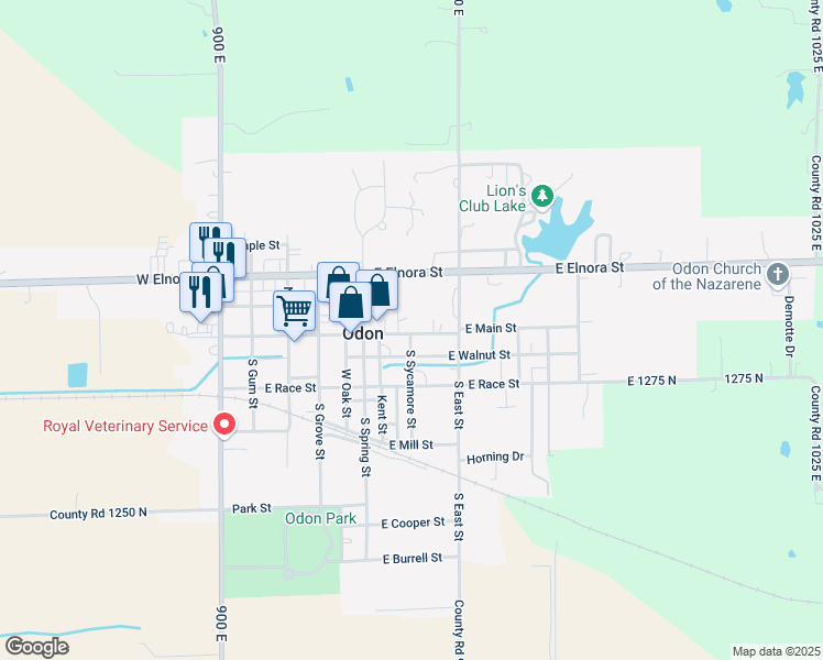map of restaurants, bars, coffee shops, grocery stores, and more near 204 East Main Street in Odon