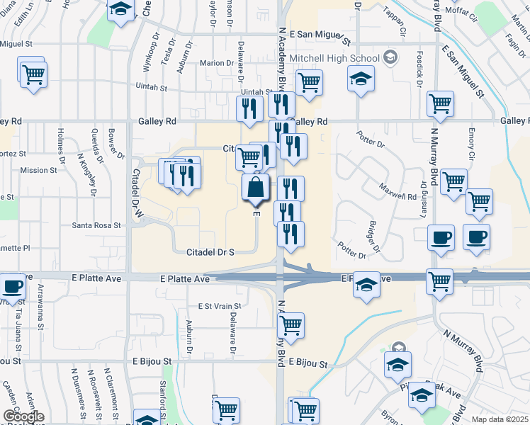 map of restaurants, bars, coffee shops, grocery stores, and more near 687 Citadel Drive East in Colorado Springs