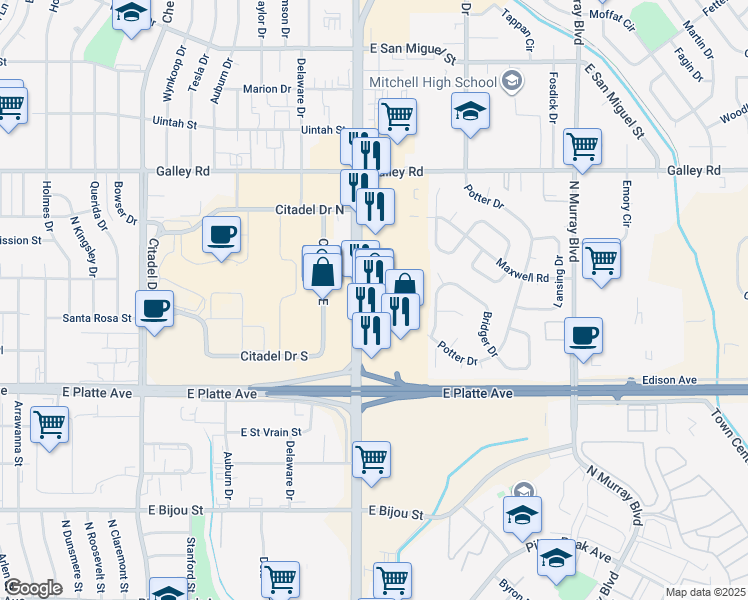 map of restaurants, bars, coffee shops, grocery stores, and more near 701 North Academy Boulevard in Colorado Springs