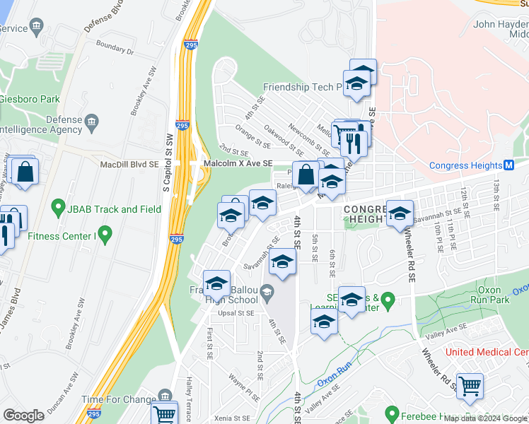 map of restaurants, bars, coffee shops, grocery stores, and more near 3319 Martin Luther King Junior Avenue Southeast in Washington