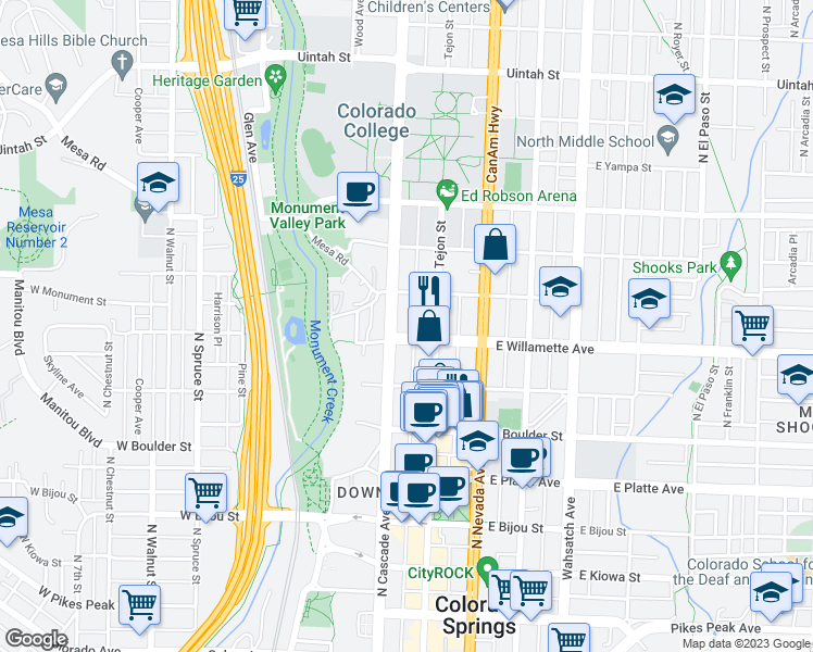 map of restaurants, bars, coffee shops, grocery stores, and more near 601 North Cascade Avenue in Colorado Springs