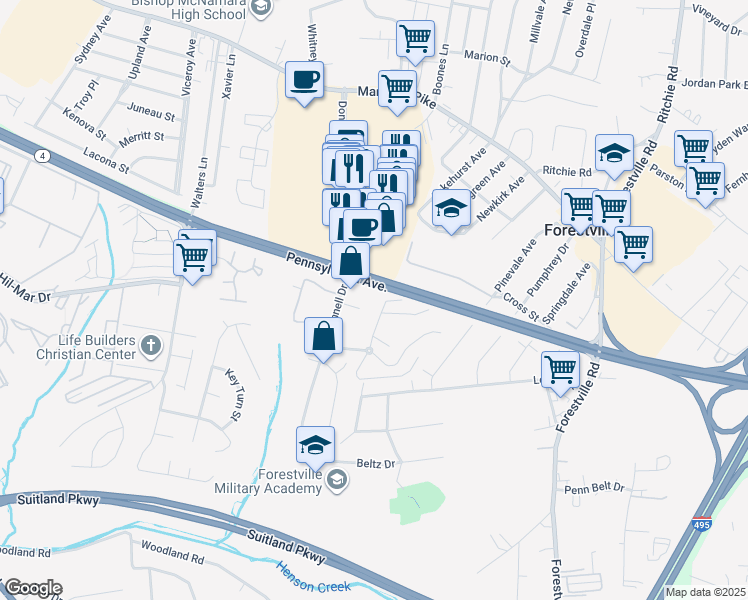map of restaurants, bars, coffee shops, grocery stores, and more near 3710 Donnell Drive in District Heights