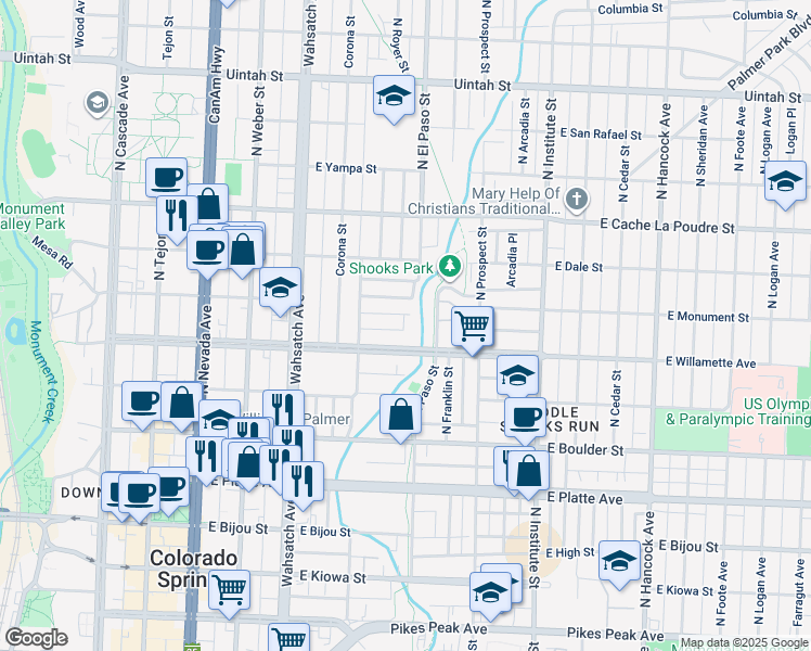 map of restaurants, bars, coffee shops, grocery stores, and more near 710 East Willamette Avenue in Colorado Springs
