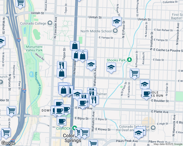 map of restaurants, bars, coffee shops, grocery stores, and more near 316 East Willamette Avenue in Colorado Springs