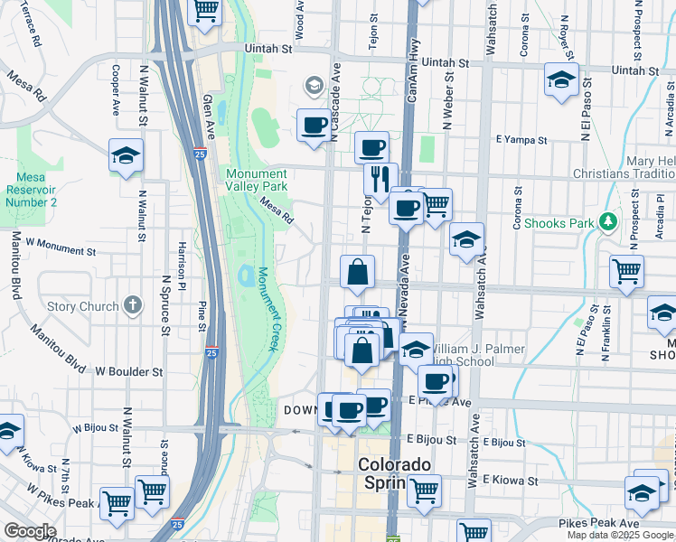 map of restaurants, bars, coffee shops, grocery stores, and more near 601 North Cascade Avenue in Colorado Springs