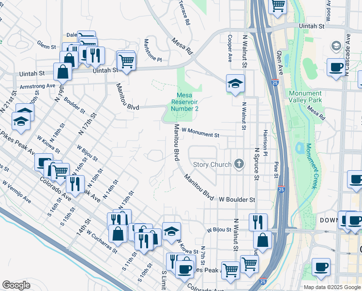 map of restaurants, bars, coffee shops, grocery stores, and more near 739 Manitou Boulevard in Colorado Springs