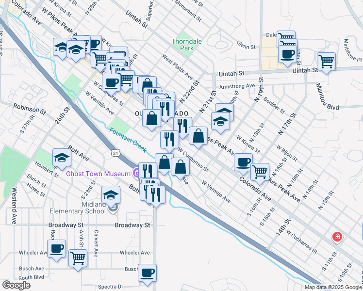 map of restaurants, bars, coffee shops, grocery stores, and more near 2029 West Cucharras Street in Colorado Springs