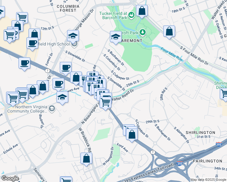map of restaurants, bars, coffee shops, grocery stores, and more near 5027 25th Street South in Arlington