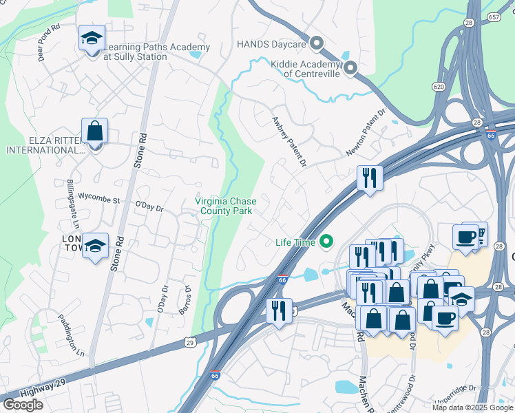 map of restaurants, bars, coffee shops, grocery stores, and more near 14426 Manassas Gap Court in Centreville
