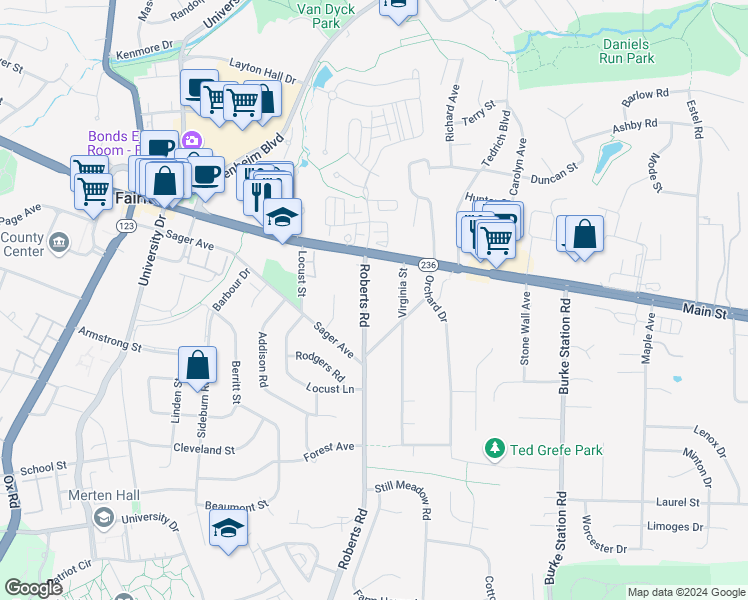 map of restaurants, bars, coffee shops, grocery stores, and more near 4021 Roberts Road in Fairfax