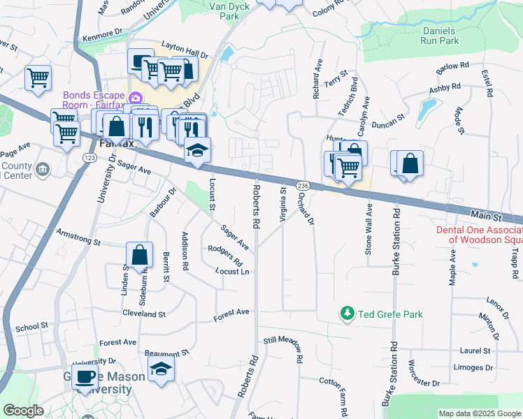 map of restaurants, bars, coffee shops, grocery stores, and more near 4021 Roberts Road in Fairfax