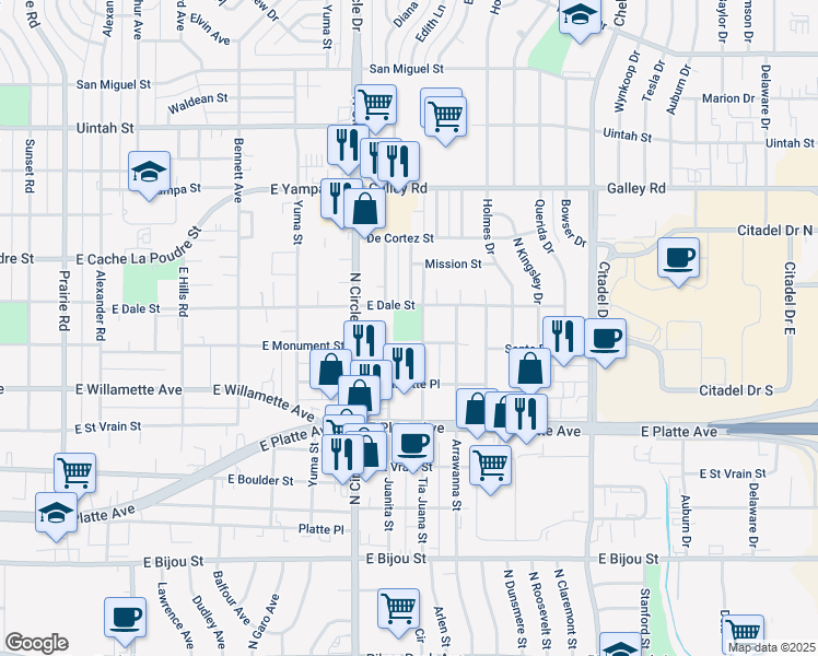 map of restaurants, bars, coffee shops, grocery stores, and more near 2951 East Dale Street in Colorado Springs