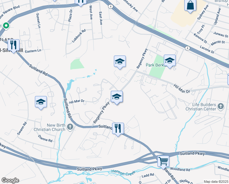 map of restaurants, bars, coffee shops, grocery stores, and more near 3407 Regency Parkway in District Heights