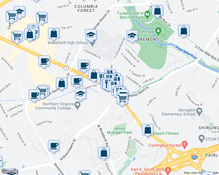 map of restaurants, bars, coffee shops, grocery stores, and more near King Street & South Chesterfield Road in Arlington