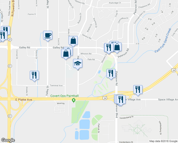 map of restaurants, bars, coffee shops, grocery stores, and more near 742 Great Western Drive in Colorado Springs