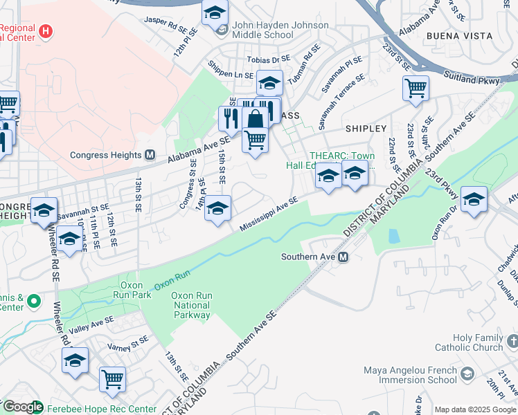 map of restaurants, bars, coffee shops, grocery stores, and more near 1019 Anderson Place Southeast in Washington