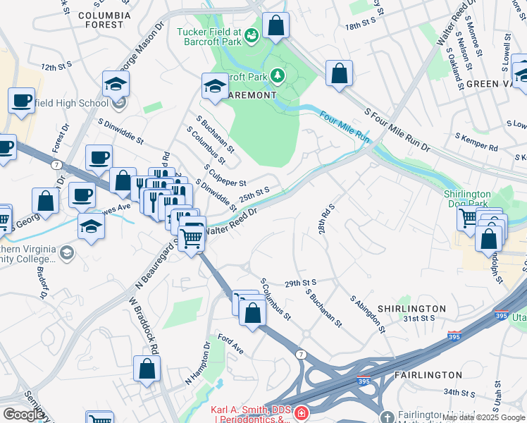 map of restaurants, bars, coffee shops, grocery stores, and more near 2605 South Walter Reed Drive in Arlington