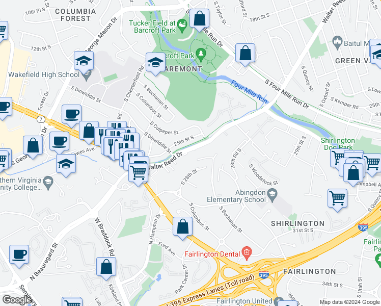 map of restaurants, bars, coffee shops, grocery stores, and more near 2605 South Walter Reed Drive in Arlington