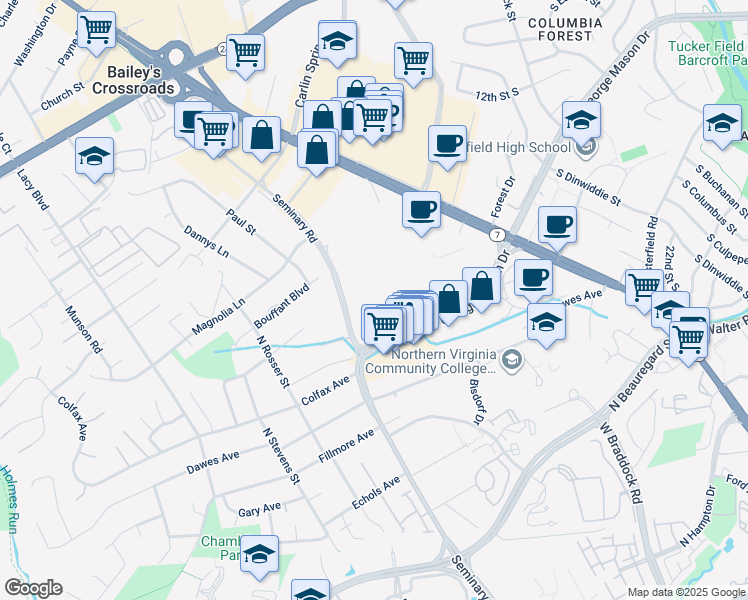 map of restaurants, bars, coffee shops, grocery stores, and more near 5503 Seminary Road in Falls Church