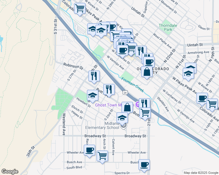 map of restaurants, bars, coffee shops, grocery stores, and more near in Colorado Springs