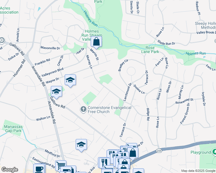map of restaurants, bars, coffee shops, grocery stores, and more near 7120 Murray Lane in Annandale