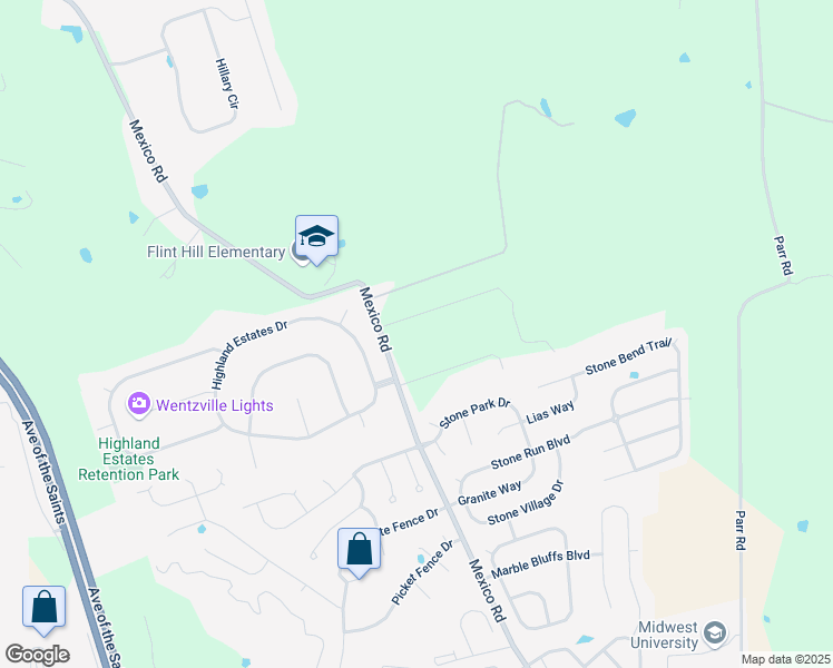 map of restaurants, bars, coffee shops, grocery stores, and more near 621 Mexico Road in Wentzville