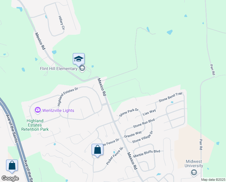 map of restaurants, bars, coffee shops, grocery stores, and more near 621 Mexico Road in Wentzville