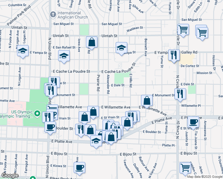 map of restaurants, bars, coffee shops, grocery stores, and more near in Colorado Springs