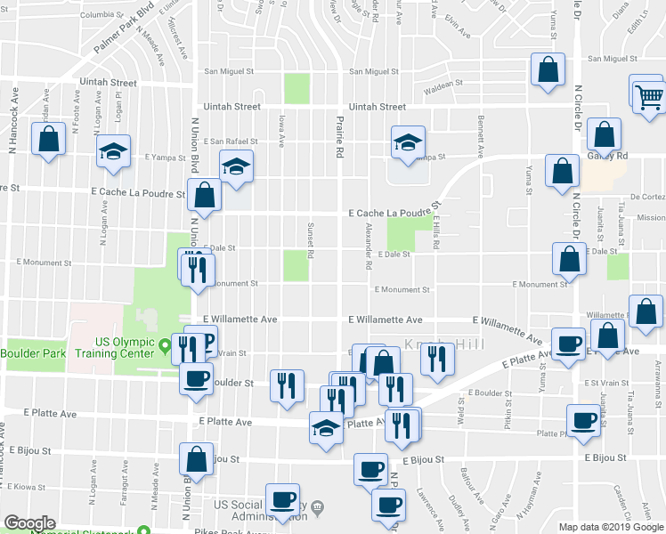 map of restaurants, bars, coffee shops, grocery stores, and more near 703 Prairie Road in Colorado Springs