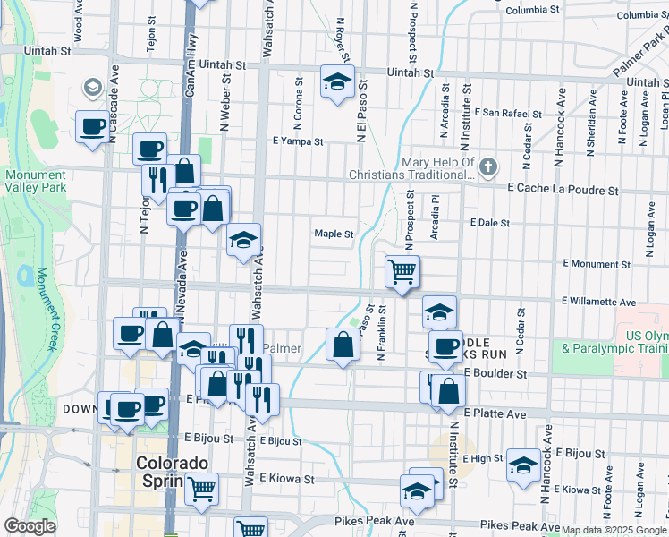 map of restaurants, bars, coffee shops, grocery stores, and more near 620 East Willamette Avenue in Colorado Springs