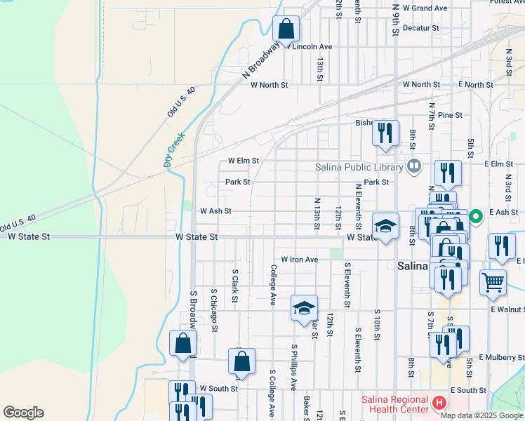 map of restaurants, bars, coffee shops, grocery stores, and more near 133 N College Ave in Salina