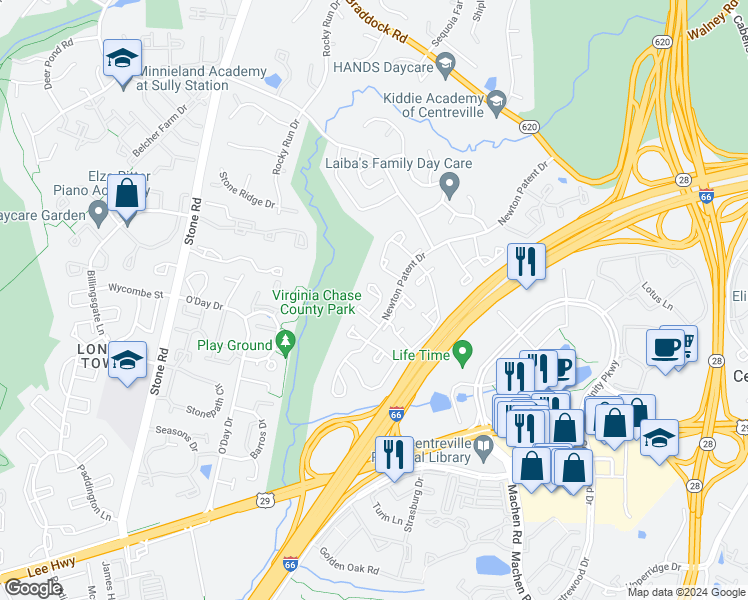 map of restaurants, bars, coffee shops, grocery stores, and more near 5940 Grisby House Court in Centreville