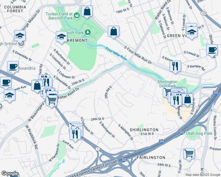 map of restaurants, bars, coffee shops, grocery stores, and more near 4632 28th Road South in Arlington