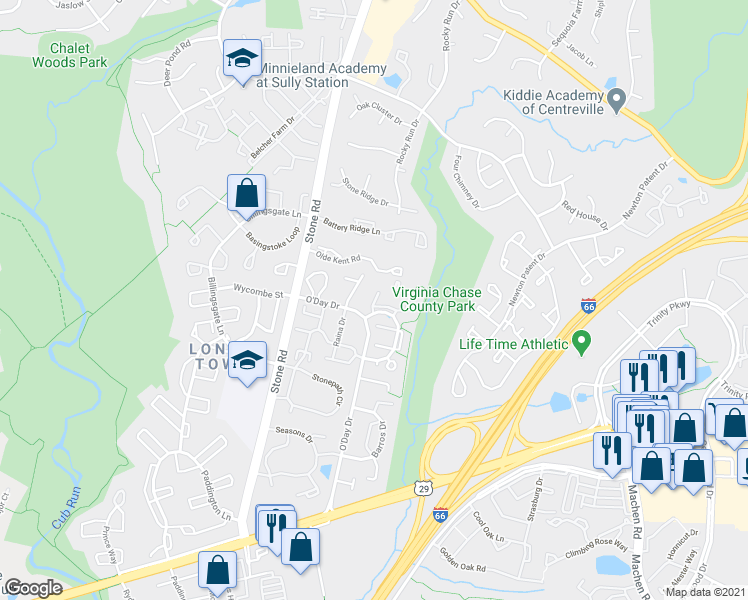 map of restaurants, bars, coffee shops, grocery stores, and more near Manorwood Dr in Centreville