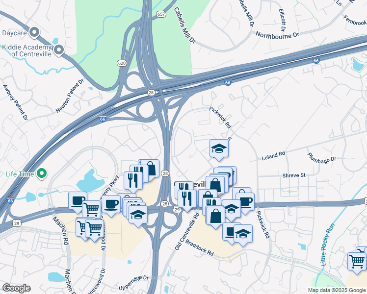 map of restaurants, bars, coffee shops, grocery stores, and more near 5620 Willoughby Newton Drive in Centreville