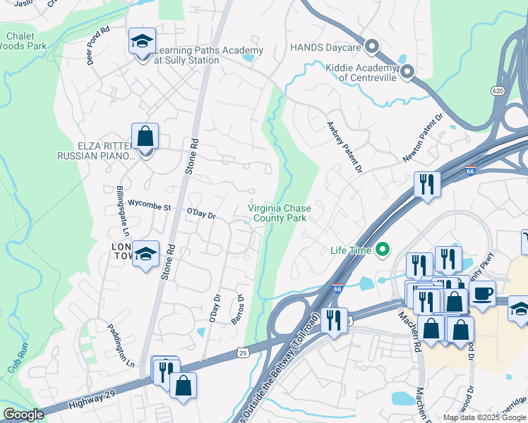map of restaurants, bars, coffee shops, grocery stores, and more near 5925 Baron Kent Lane in Centreville