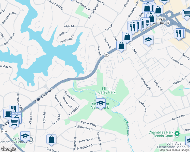 map of restaurants, bars, coffee shops, grocery stores, and more near 3716 Powell Lane in Falls Church