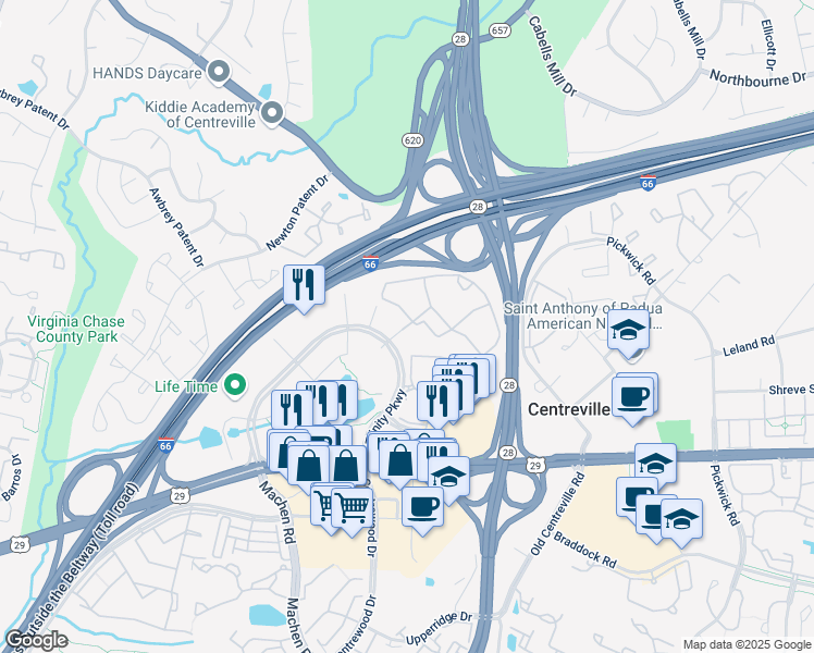 map of restaurants, bars, coffee shops, grocery stores, and more near Wood Meadow Way in Centreville