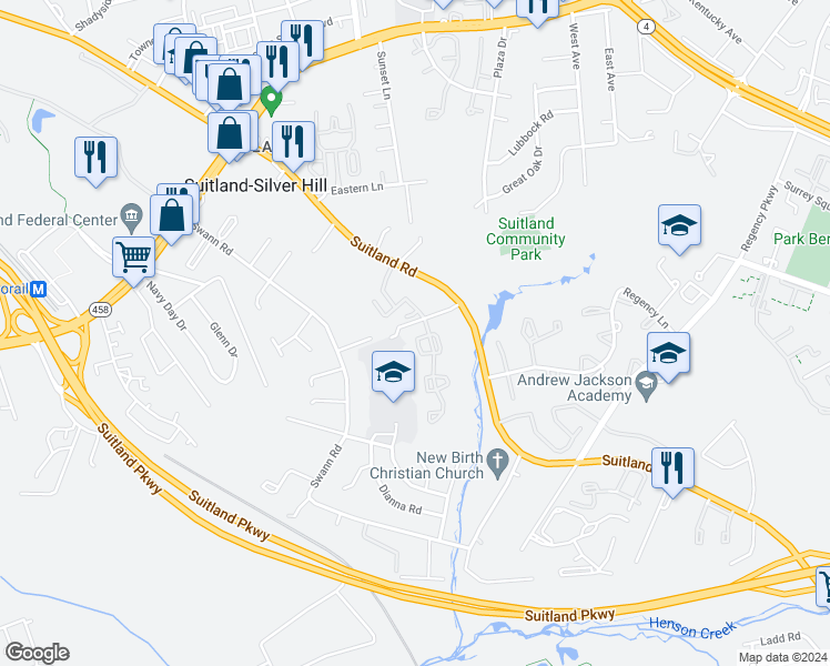 map of restaurants, bars, coffee shops, grocery stores, and more near 3409 Wood Creek Drive in Suitland-Silver Hill