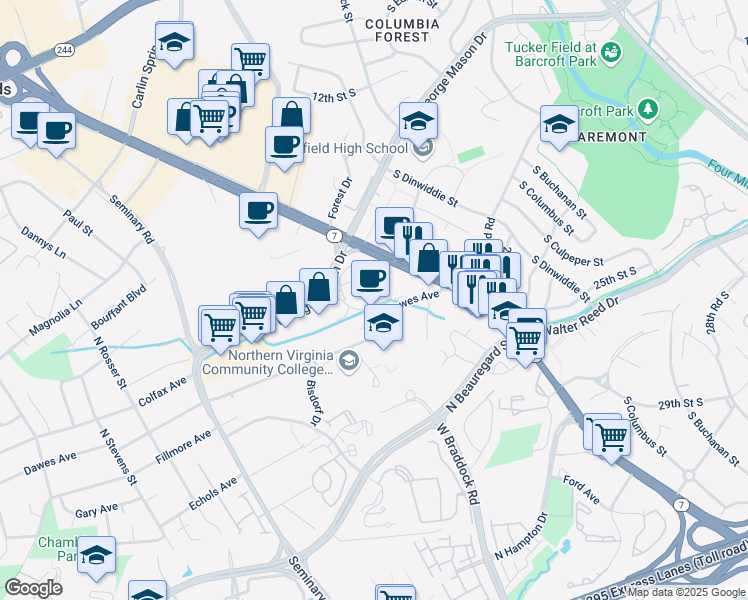 map of restaurants, bars, coffee shops, grocery stores, and more near 3705s South George Mason Drive in Falls Church