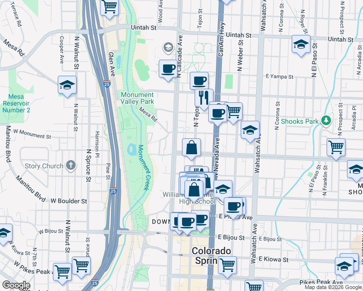 map of restaurants, bars, coffee shops, grocery stores, and more near 601 North Cascade Avenue in Colorado Springs